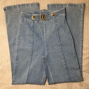 SOLD!!! 
Elegant Light Blue Flare Jeans with Gold Detail